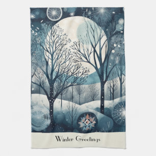 Custom Moonlit Nordic Forest Winter Night Kitchen Towel