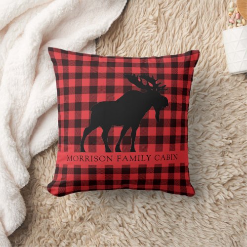 Custom Moose Family Name Red Black Plaid  Throw Pillow