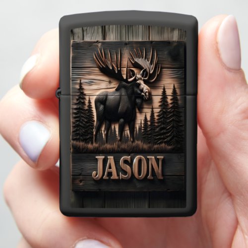 Custom Moose Wood Carving Zippo Lighter