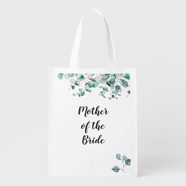 Custom Mother of Bride Groom Dusty Blue Eucalytpus Grocery Bag (Front)