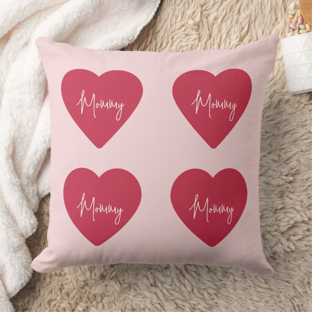 Custom Mother’s Day - Soft Pink & Red Heart Throw Pillow (Blanket)