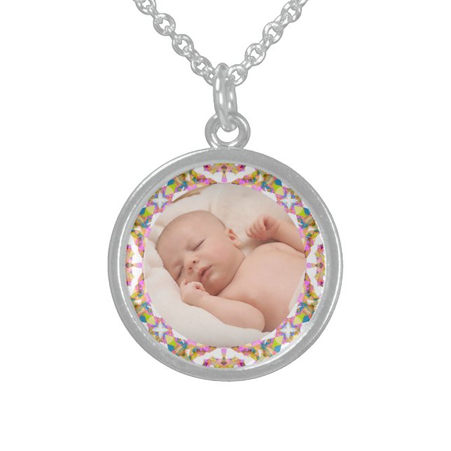 Custom Mother’s Day Summer Pink Green Gift Photo Sterling Silver Necklace (Front)