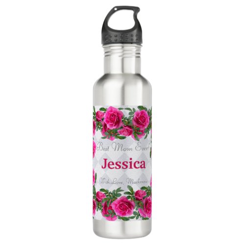 Custom Mothers Day Gift Personalized Pink Flowers Stainless Steel Water Bottle