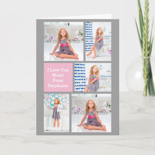 Custom Mothers Day Photo Collage Pink/Green/Gray Card (Front)