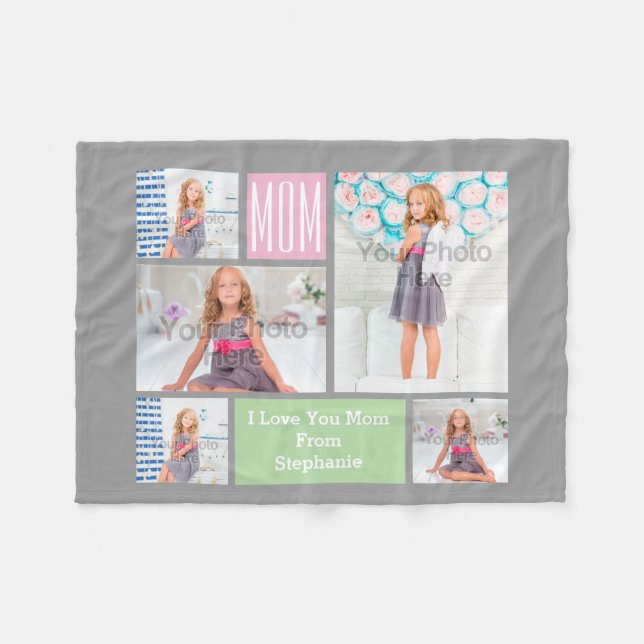 Custom Mothers Day Photo Collage Pink/Green/Gray Fleece Blanket (Front (Horizontal))