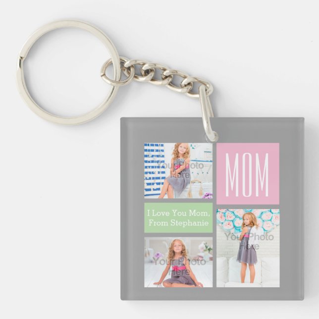 Custom Mothers Day Photo Collage Pink/Green/Gray Keychain (Front)