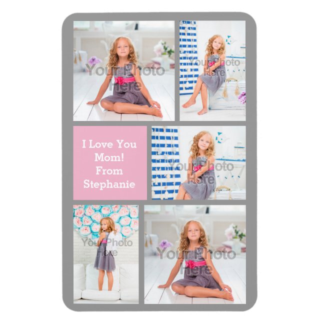 Custom Mothers Day Photo Collage Pink/Green/Gray Magnet (Vertical)
