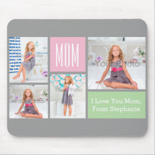 Custom Mothers Day Photo Collage Pink/Green/Gray Mouse Pad