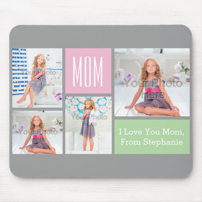 Custom Mothers Day Photo Collage Pink/Green/Gray Mouse Pad (Front)