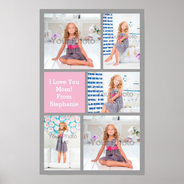 Custom Mothers Day Photo Collage Pink/Green/Gray Poster (Front)