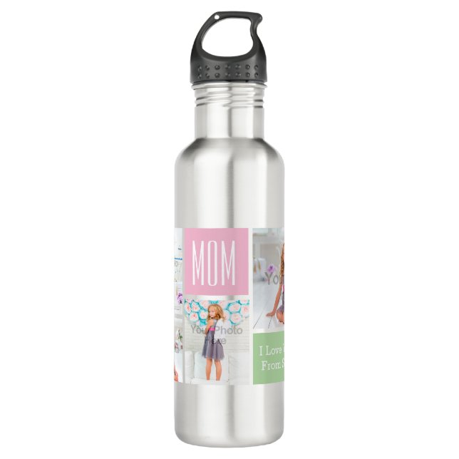 Custom Mothers Day Photo Collage Pink/Green/Gray Water Bottle (Front)