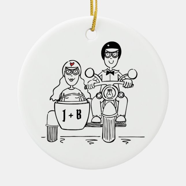 Custom Motorbike and Sidecar Wedding Gift Ceramic Ornament (Front)