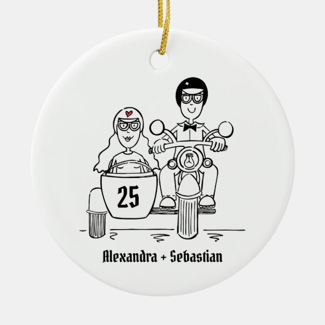 Custom Motorbike & Sidecar Wedding Anniversary Ceramic Ornament (Front)