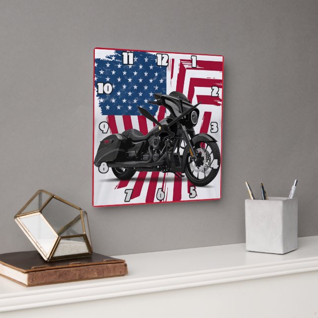 Custom motorcycle art with American flag backdrop Square Wall Clock (Office)