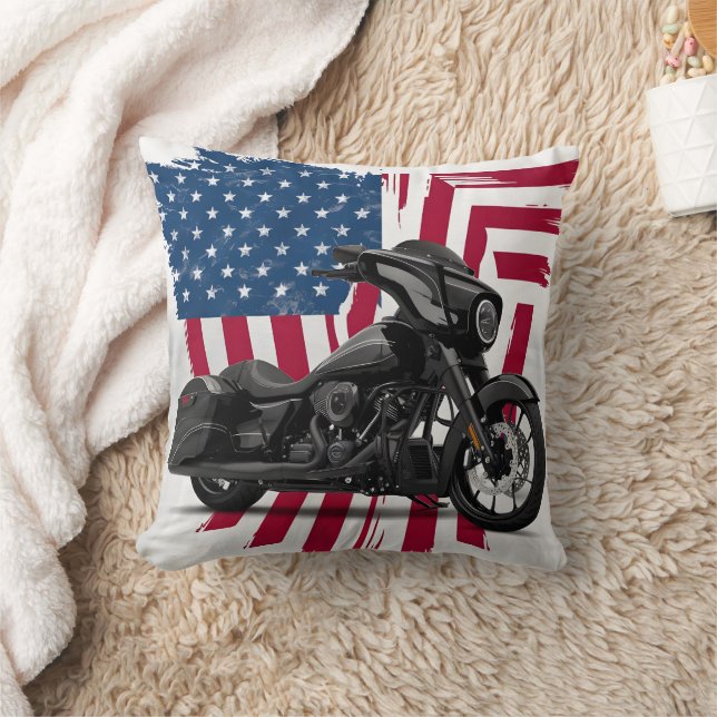 Custom motorcycle art with American flag backdrop Throw Pillow (Blanket)