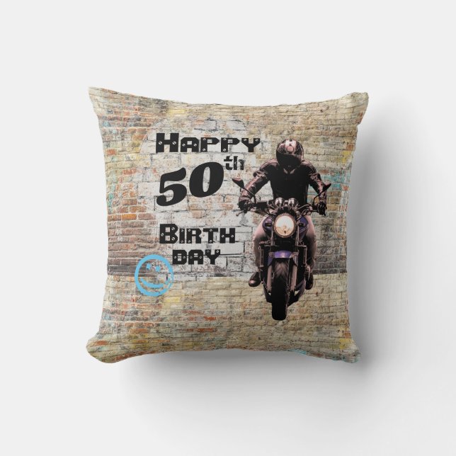 Custom Motorcycle Industrial Grunge Brick Wall Gra Throw Pillow (Front)