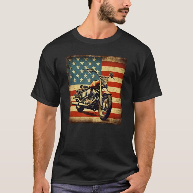 Custom Motorcycle Retro USA Flag Retro Biker Vinta T-Shirt (Front)