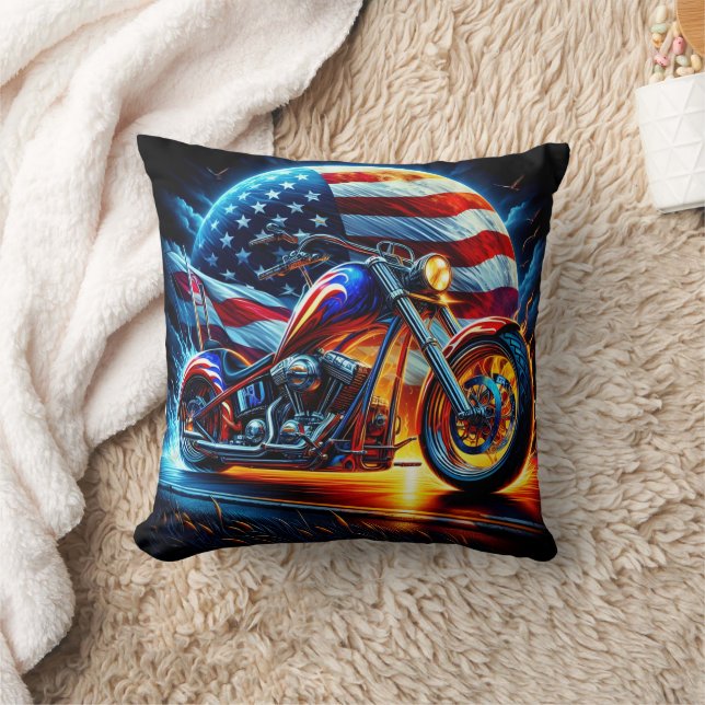 Custom motorcycle revving on a patriotic backdrop throw pillow (Blanket)