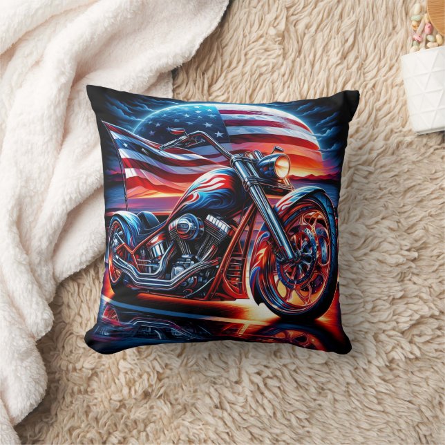 Custom motorcycle with an American flag at sunset Throw Pillow (Blanket)