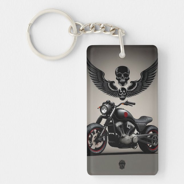 Custom Motorcycle with Skull and Wing Graphic Keychain (Front)