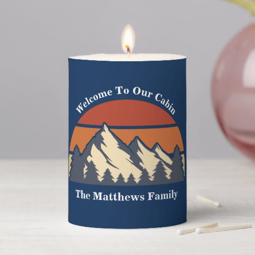 Custom Mountain Cabin Sunset Blue Pillar Candle