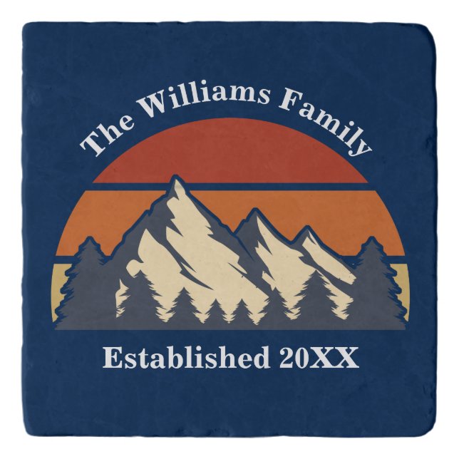Custom Mountain Sunset Family Home Blue Log Cabin Trivet (Front)
