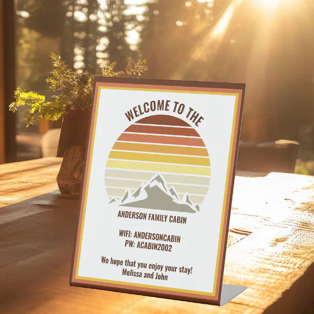 Custom Mountain Sunset Log Cabin Welcome Pedestal Sign | Zazzle