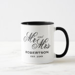 Custom Mr and Mrs coffee mug for newly weds<br><div class="desc">Custom Mr and Mrs coffee mug for newly weds.
Also great for engagement or anniversary celebration.
Stylish cup with black and white colors and script typography template.
Add your own date and surname.</div>