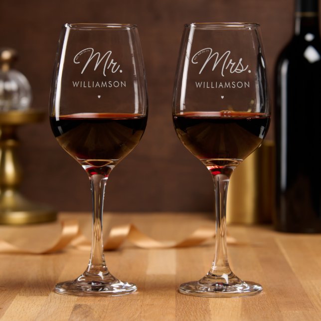 Custom Mr. and Mrs. Est. Modern Elegant Newlywed Wine Glass (Party)