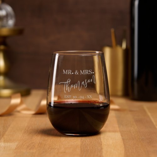 Custom Mr And Mrs Name Classy Heart Text Engraved Stemless Wine Glass