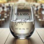 Custom Mr And Mrs Name Red Heart Black Text Font Stemless Wine Glass<br><div class="desc">This elegant stemless wine glass is a delightful addition to any wedding celebration but also makes for a perfect gift for newlyweds. The glass features the text “MR” and “MRS” in a stylish black. You can customize this glass with the couple’s last name and wedding date. Whether it’s for sipping...</div>