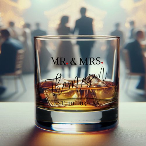 Custom Mr And Mrs Name Red Heart Black Text Font Whiskey Glass