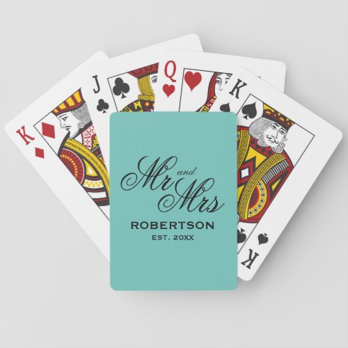 Custom Mr and Mrs newlywed couple teal color Poker Cards