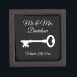 Custom Mr and Mrs old vintage key wedding ring Gift Box<br><div class="desc">Custom Mr and Mrs old vintage key wedding ring keepsake gift box with magnetic lid. Add personalized surname of bride and groom / newly weds. Key to my heart symbol design with stylish script typography template. Also nice for elegant engagement, anniversary, bridal shower etc. Romantic wooden boxes for him and...</div>