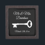 Custom Mr and Mrs old vintage key wedding ring Gift Box<br><div class="desc">Custom Mr and Mrs old vintage key wedding ring keepsake gift box with magnetic lid. Add personalized surname of bride and groom / newly weds. Key to my heart symbol design with stylish script typography template. Also nice for elegant engagement, anniversary, bridal shower etc. Romantic wooden boxes for him and...</div>