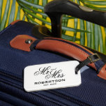 Custom Mr and Mrs travel luggage tag for couple<br><div class="desc">Custom Mr and Mrs travel luggage tag for newly weds couple. Elegant typography design with surname and date. Classy wedding or bridal shower gift idea for bride and groom. Personalized baggage labels for bags and suitcases. Perfect for newlyweds going to a honeymoon destination or having vacation trip. Change to any...</div>