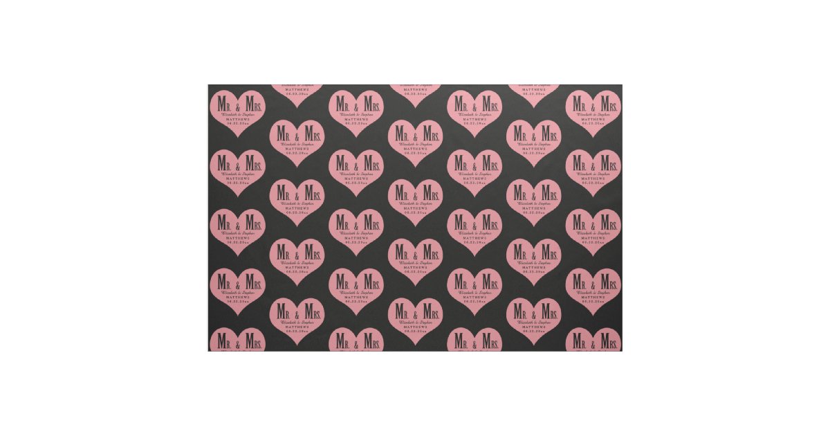 Custom Mr. and Mrs. Wedding Black Heart Template Fabric | Zazzle