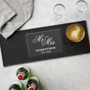 Custom Mr and Mrs wedding party bar mat for drinks