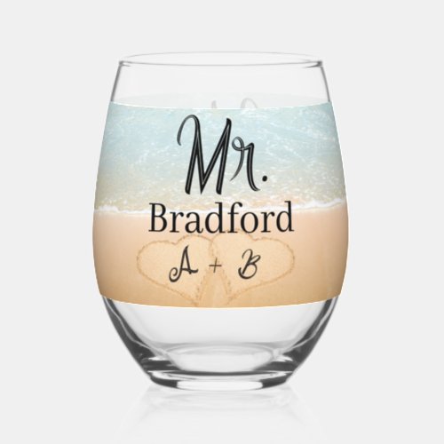 Custom Mr Groom Beach Wedding Hearts in Sand Stemless Wine Glass