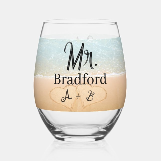 Custom Mr. Groom Beach Wedding Hearts in Sand Stemless Wine Glass (Front)