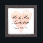 Custom Mr Mrs coral watercolor heart wedding ring Gift Box<br><div class="desc">Custom Mr and Mrs coral pink watercolor heart wedding keepsake gift box with magnetic lid. Add personalized name of bride and groom / newly weds. Vintage love symbol background design with stylish script typography. Great for ring bearer, jewelry, party favor and other stuff. Also nice for elegant engagement, anniversary, bridal...</div>