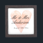 Custom Mr Mrs coral watercolor heart wedding ring Gift Box<br><div class="desc">Custom Mr and Mrs coral pink watercolor heart wedding keepsake gift box with magnetic lid. Add personalized name of bride and groom / newly weds. Vintage love symbol background design with stylish script typography. Great for ring bearer, jewelry, party favor and other stuff. Also nice for elegant engagement, anniversary, bridal...</div>