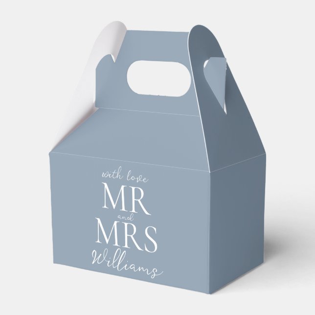 Custom Mr Mrs Dusty Blue Modern Wedding Favor Boxes (Front Side)