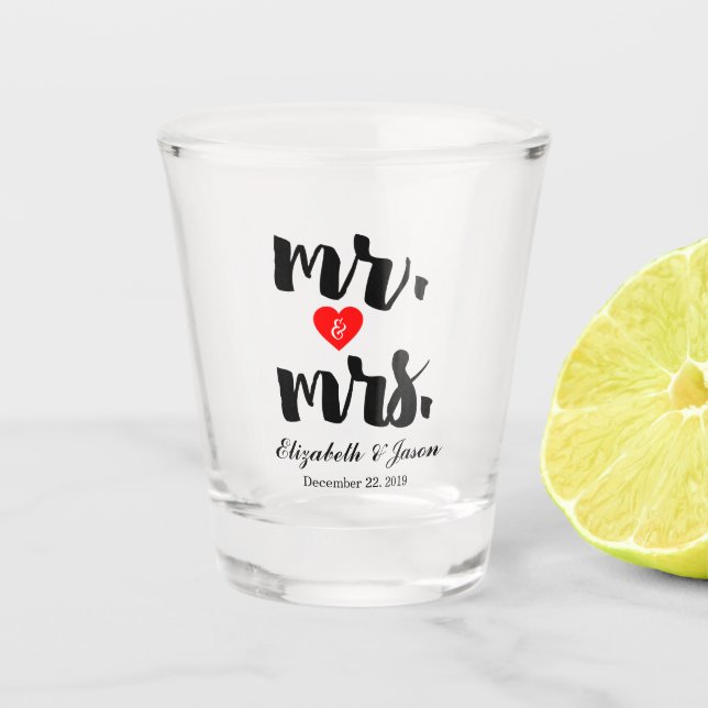 Custom Mr Mrs  Elegant Black White Wedding Shot Glass (Front)