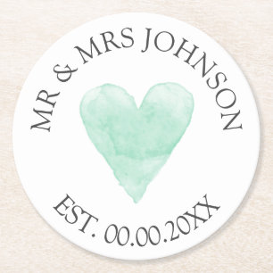 Custom mr mrs mint heart wedding party coasters