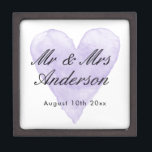 Custom Mr Mrs purple watercolor heart wedding ring Gift Box<br><div class="desc">Custom Mr and Mrs purple watercolor heart wedding keepsake gift box with magnetic lid. Add personalized name of bride and groom / newly weds. Vintage love symbol background design with stylish script typography. Great for ring bearer, jewelry, party favor and other stuff. Also nice for elegant engagement, anniversary, bridal shower...</div>
