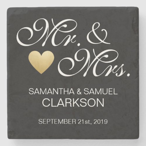 Custom MR  MRS White Black Heart Wedding Favors Stone Coaster