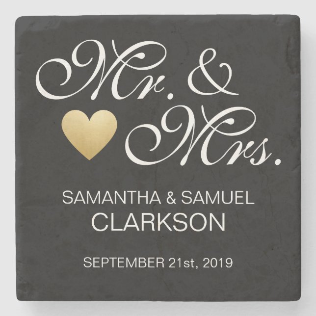 Custom MR. & MRS. White Black Heart Wedding Favors Stone Coaster (Front)