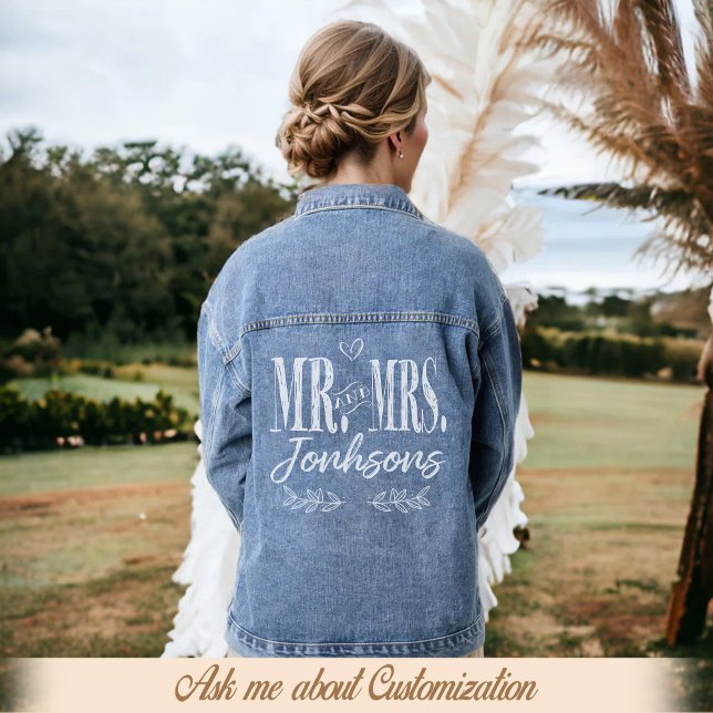 Custom Mrs Bride Wedding Floral Modern Script Denim Jacket (Creator Uploaded)