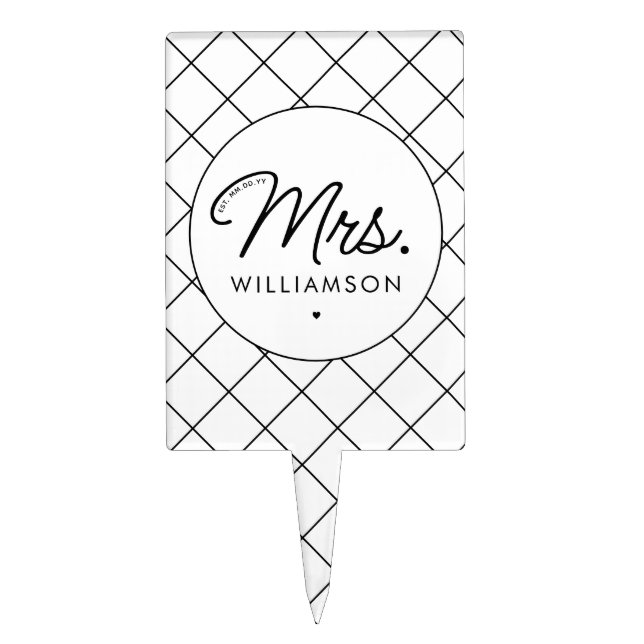 Custom Mrs. Est. Modern Elegant Script Newlywed Cake Topper (Front)